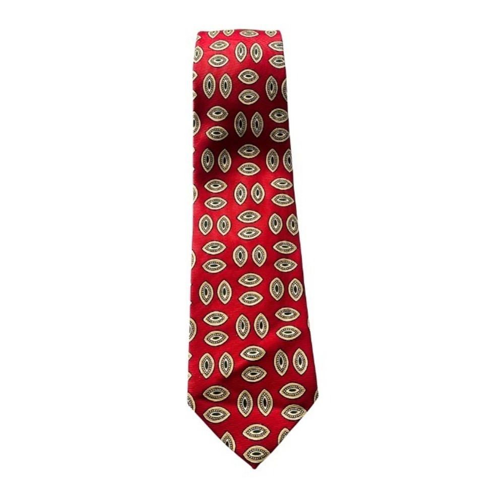 Vintage 90s Polo by Ralph Lauren Silk Tie Red Gold Geometric Print Hand Made 3.5